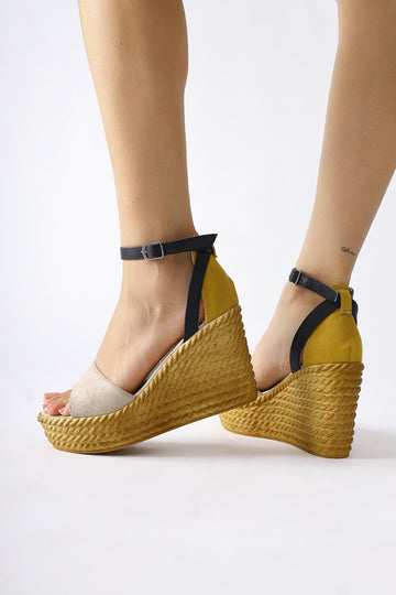 Scarlett Khaki Navy Blue Suede Belted Wedge Sandals