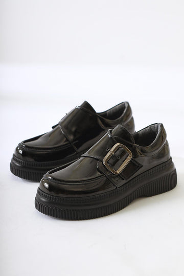 Evrim Black Patent Leather Buckle Detailed Casual Shoes