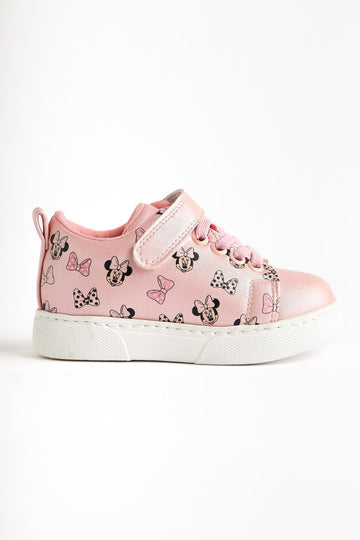 Eini Pink Cartoon Character Printed Lace-Up Velcro Detailed Baby Sneakers