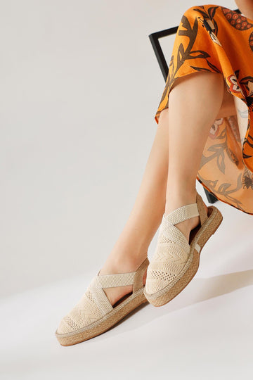 Zulma Beige Closed Front Knit Cross Strap Linen Sole Sandals