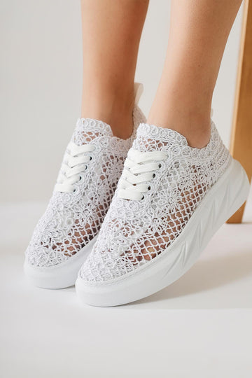 Anete White Knit Floral Embroidered Lace-Up Sneakers