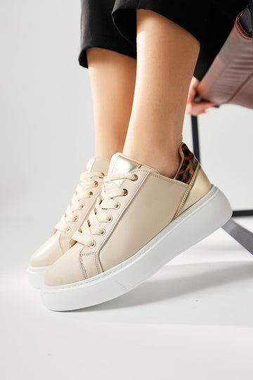 Tinka Cream Thick Soled Leopard Detail Sneakers
