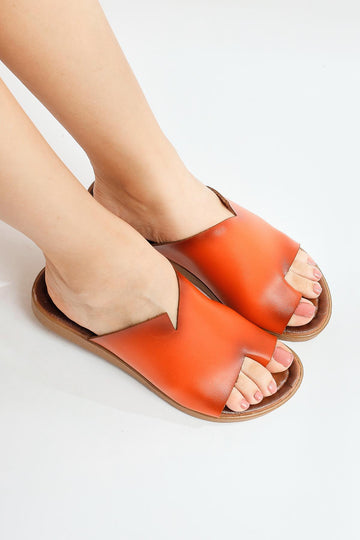 Genuine Leather Nita Orange Asymmetric Cut Mustard Slippers