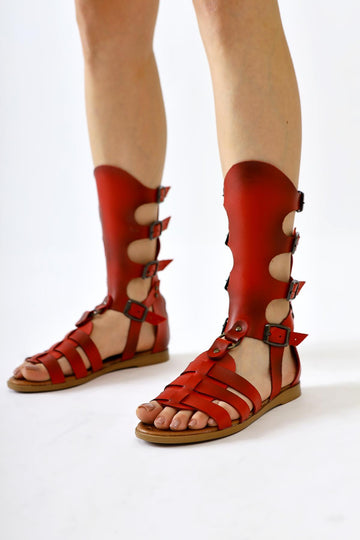 Genuine Leather Baisa Red Buckle Detailed Flat Sole Sandals