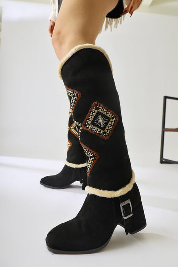 Hilka Black Suede Removable Ankle Boots with Ethnic Patterns