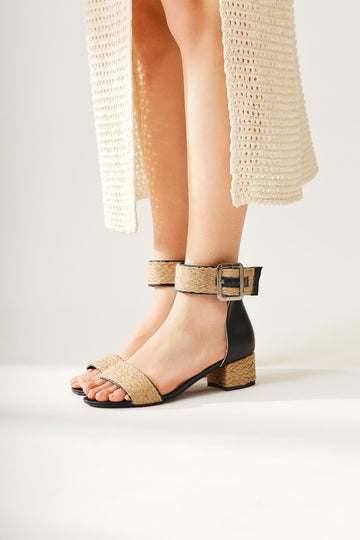 Ariola Black Thick Straw Strappy Sandals