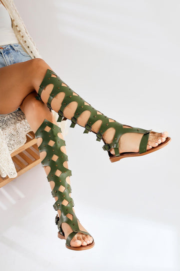 Haixia Genuine Leather Khaki Gladiator Sandals