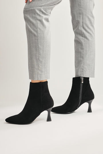 Anna Eva Black Suede Pointed Toe Zippered Thin Heel Boots