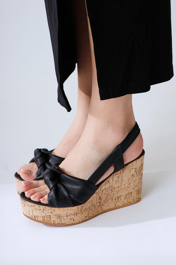 Leina Black Cork Sole Wedge Heel Sandals