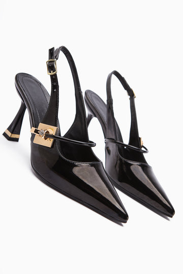 Sarita Black Patent Leather Buckled Pointed Toe Women's High Heel Shoes