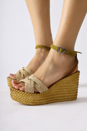 Ashlynn Tan Mustard Suede Strappy Wedge Heel
