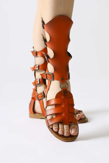 Genuine Leather Baisa Orange Flat Sandals with Buckle Detail