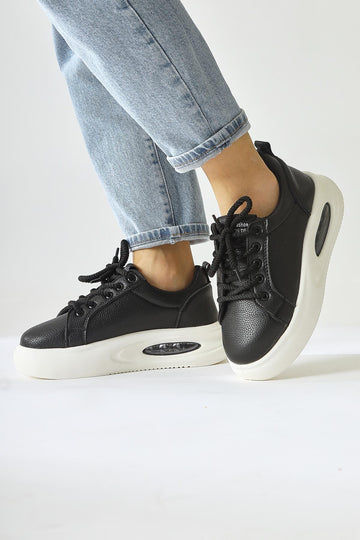 Loura Black Leather Patterned Air Sole Lace-Up Sneakers