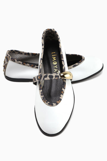 Genuine Leather Aliana White Buckled Leopard Detailed Women's Ballerinas