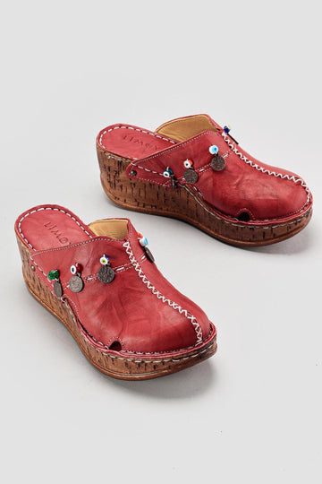 Genuine Leather Annika Claret Red Antique Detailed Filled Sabo Slippers