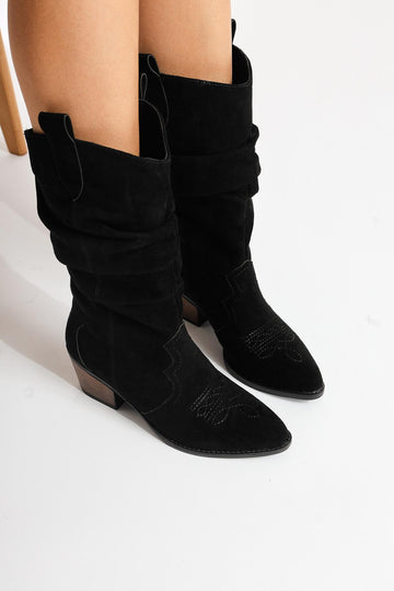 Lise-Britt Black Suede Gusseted Embroidered Western Boots