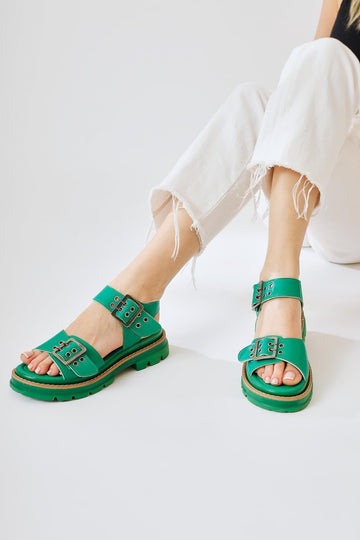 Tamera Green Buckle Detail Thick Soled Sandals