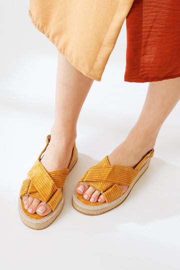 Iris Mustard Velvet Cross-Strap Sandals