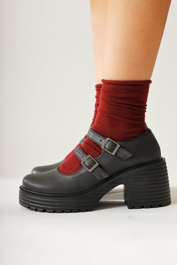 Roselie Black Thick-Soled Heeled Double-Strap Casual Shoes