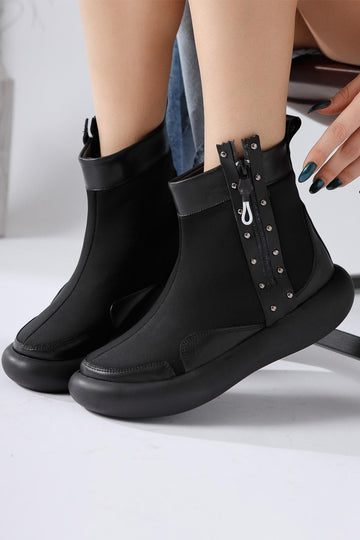Maeda Black Diving Fabric Stud and Zipper Detailed Boots