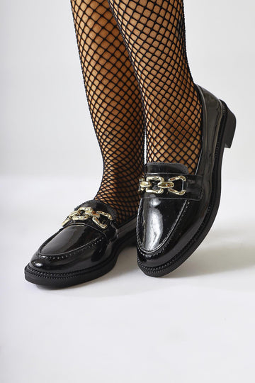 Anikka Black Patent Leather Buckle Detailed Daily Shoes