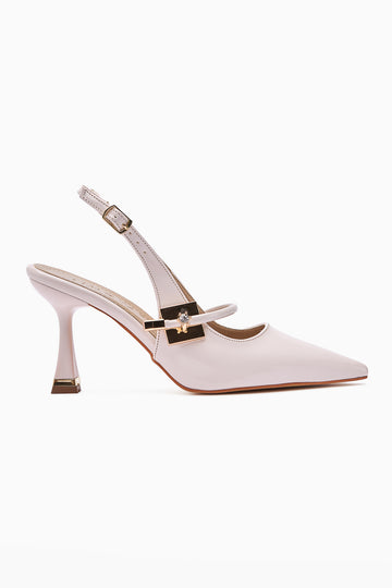 Sarita Beige Patent Leather Buckled Pointed Toe Women's High Heel Shoes