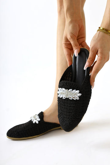 Marlina Black Buckle Detailed Knitted Slippers