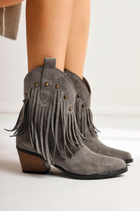 Lillebeth Grey Suede Tassel Stud Detail Western Boots