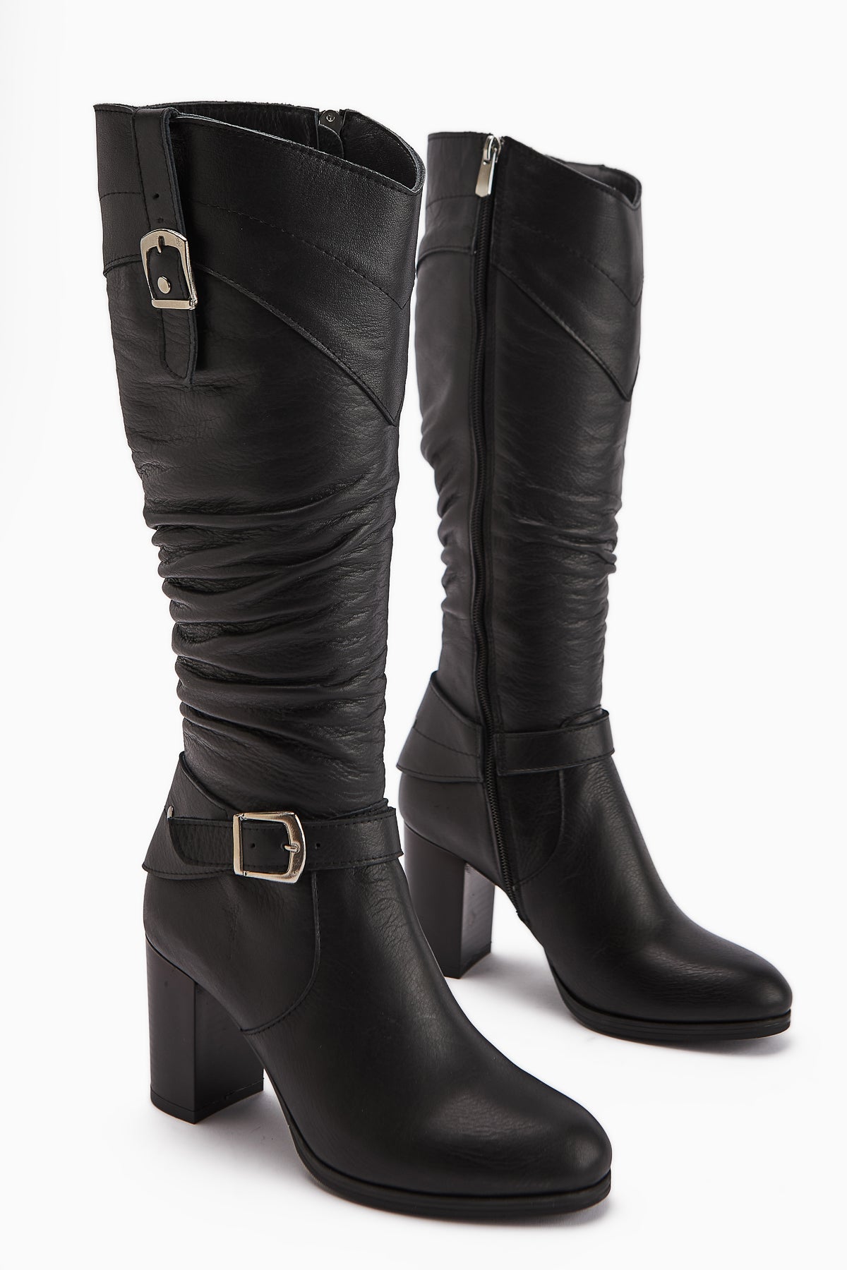 Ting Genuine Leather Black Buckle Detailed Women's Heeled Boot