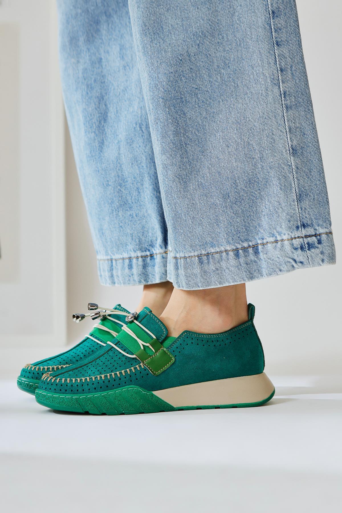 Allice Green Suede Laser Perforated Casual Shoes