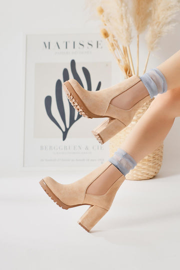 Dorsaf – Cream Suede Oval-Toe Elastic Heeled Boot (Women)