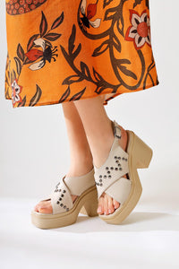 Dorela Beige Stud Detailed Cross Thick Strap Sandals