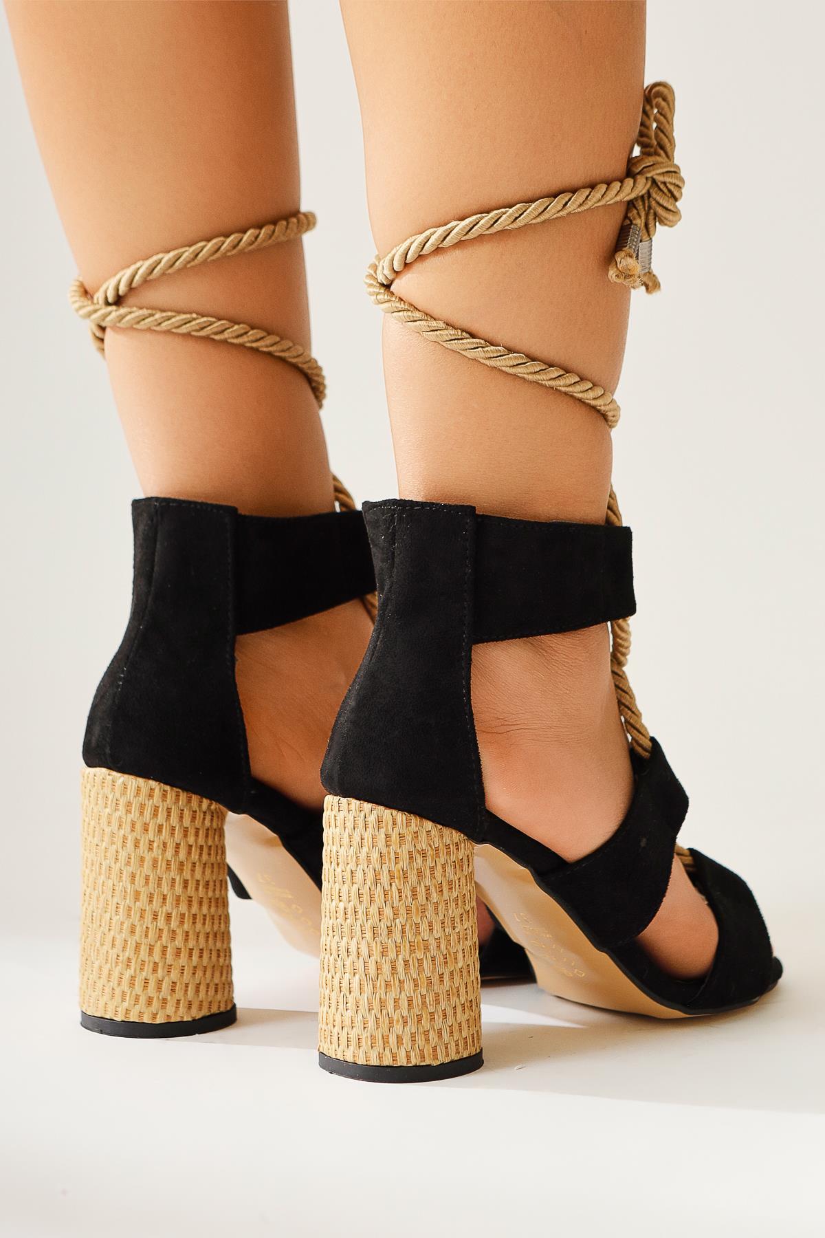 Britty Black Suede Thick Strap Rope Tie Heeled Sandals