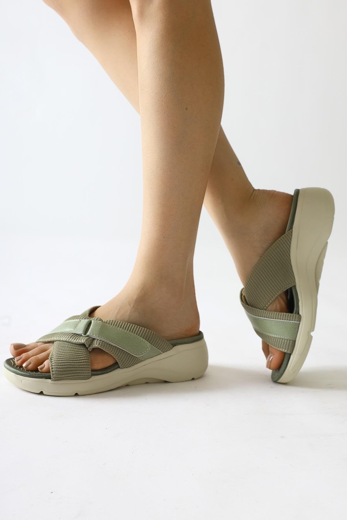 Jola Green Cross Textile Band Comfortable Sole Slippers