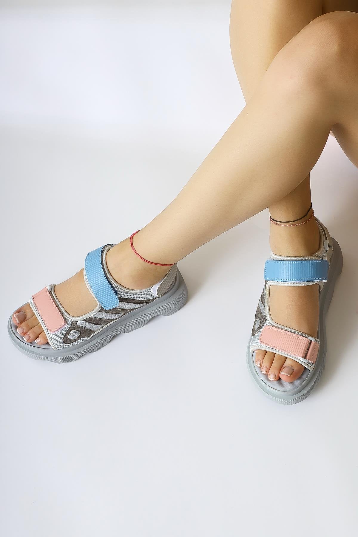 Quan Ice Blue Glitter Detailed Velcro Comfortable Sole Sandals