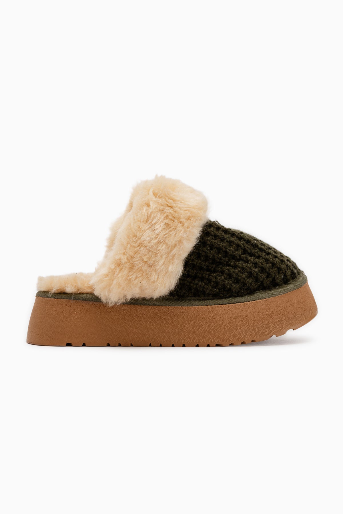 Mariza Khaki Plush Knit Fur Lined Women’s Slippers