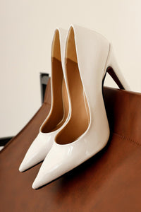 Pavinee White Patent Leather Pointed Toe Red Jurdan Thin Heel Shoes