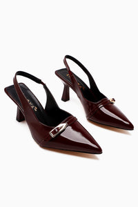 Camillas Burgundy Patent Leather Pointed Toe Buckle Detailed Women's High Heel Shoes