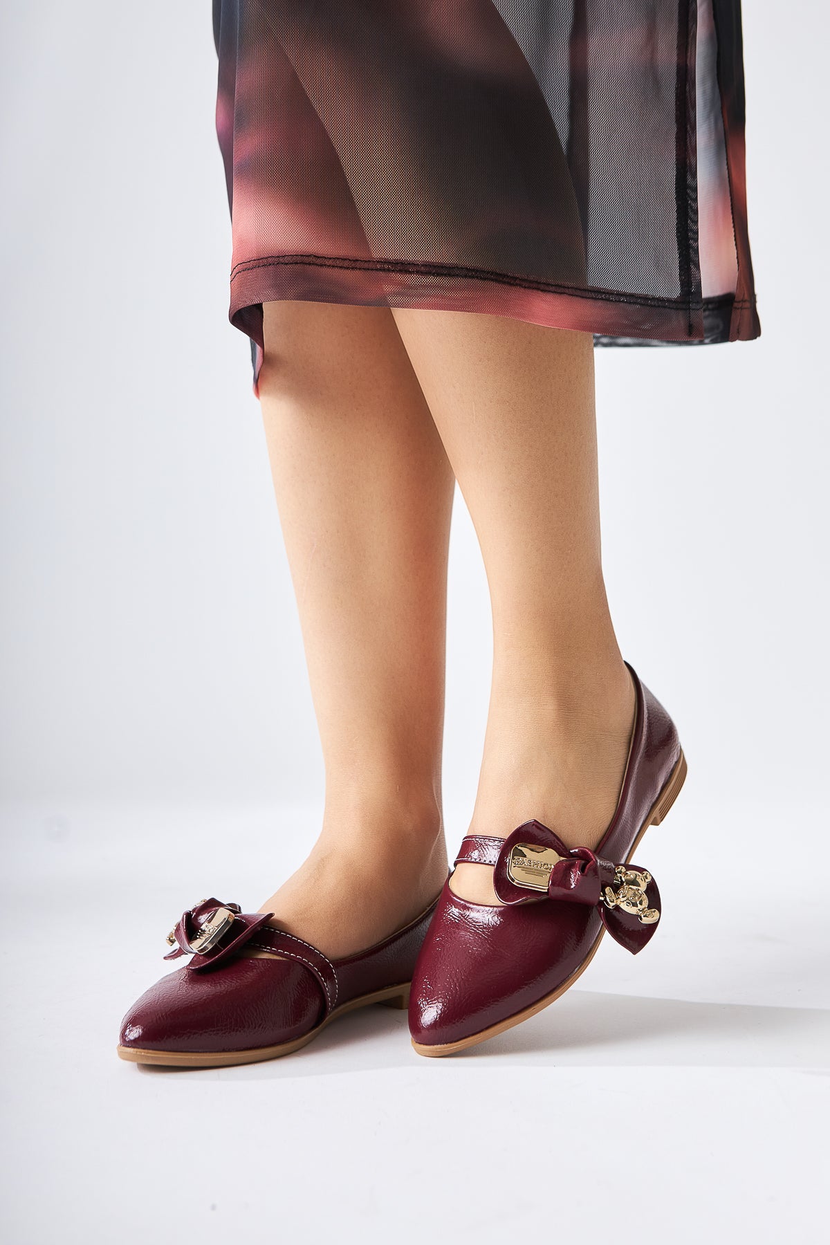 Joselin Claret Red Wrinkled Patent Leather Bow Accessory Ballerinas