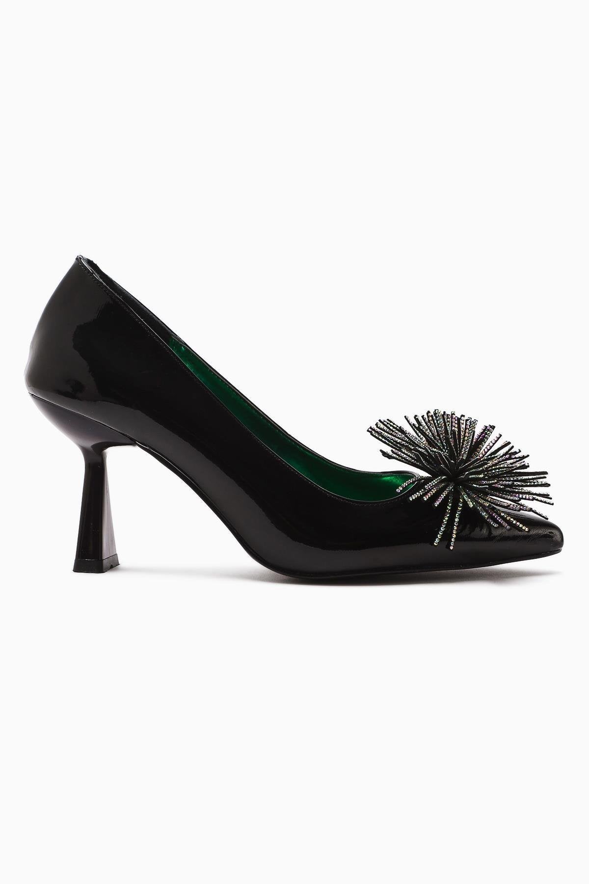 Choi Black Patent Leather Pointed Toe Stone Tassel Detailed Heeled Women's Shoes