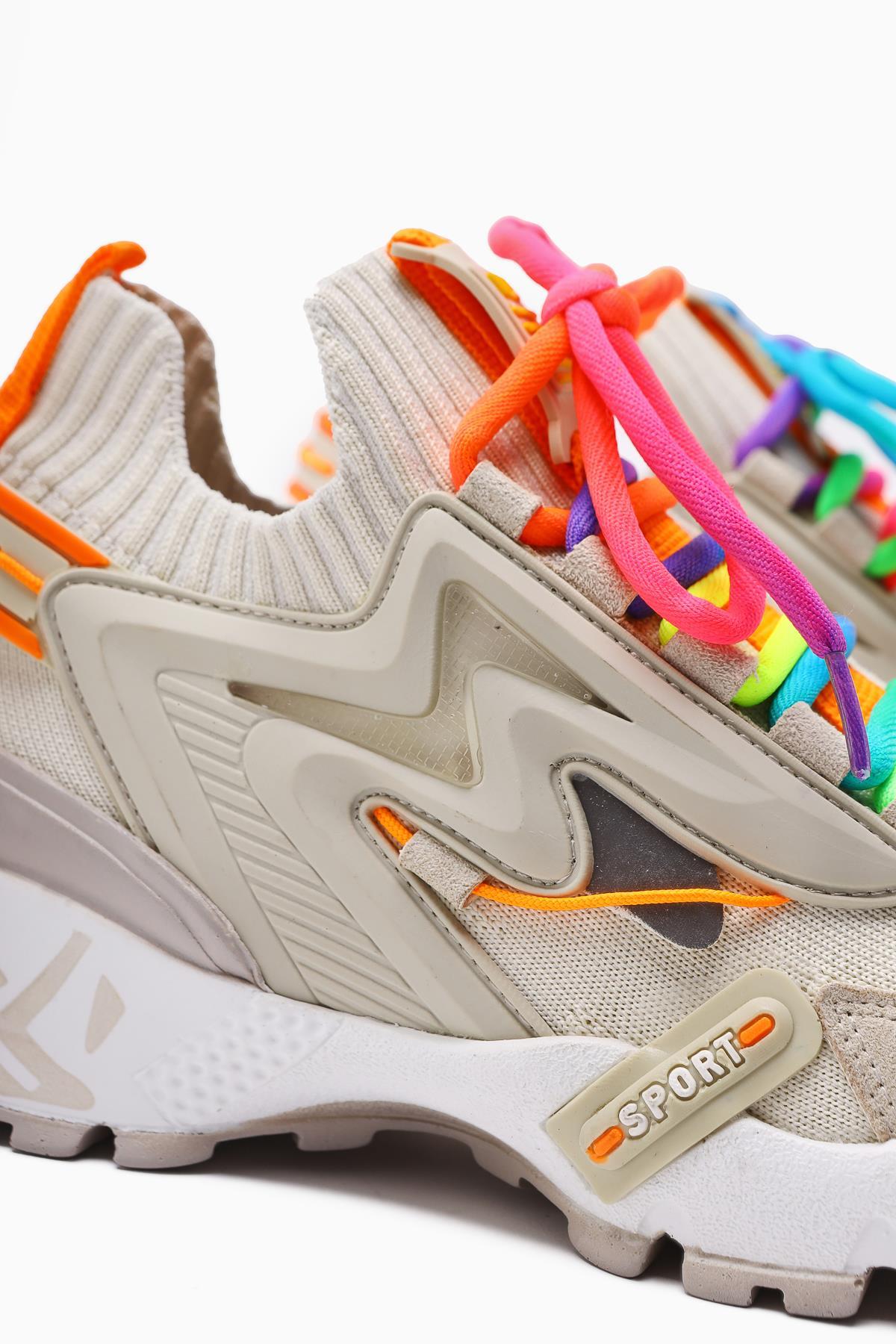 Anabell Bej Triko Süet Detaylı Renkli Bağcıklı Kadın Sneakers