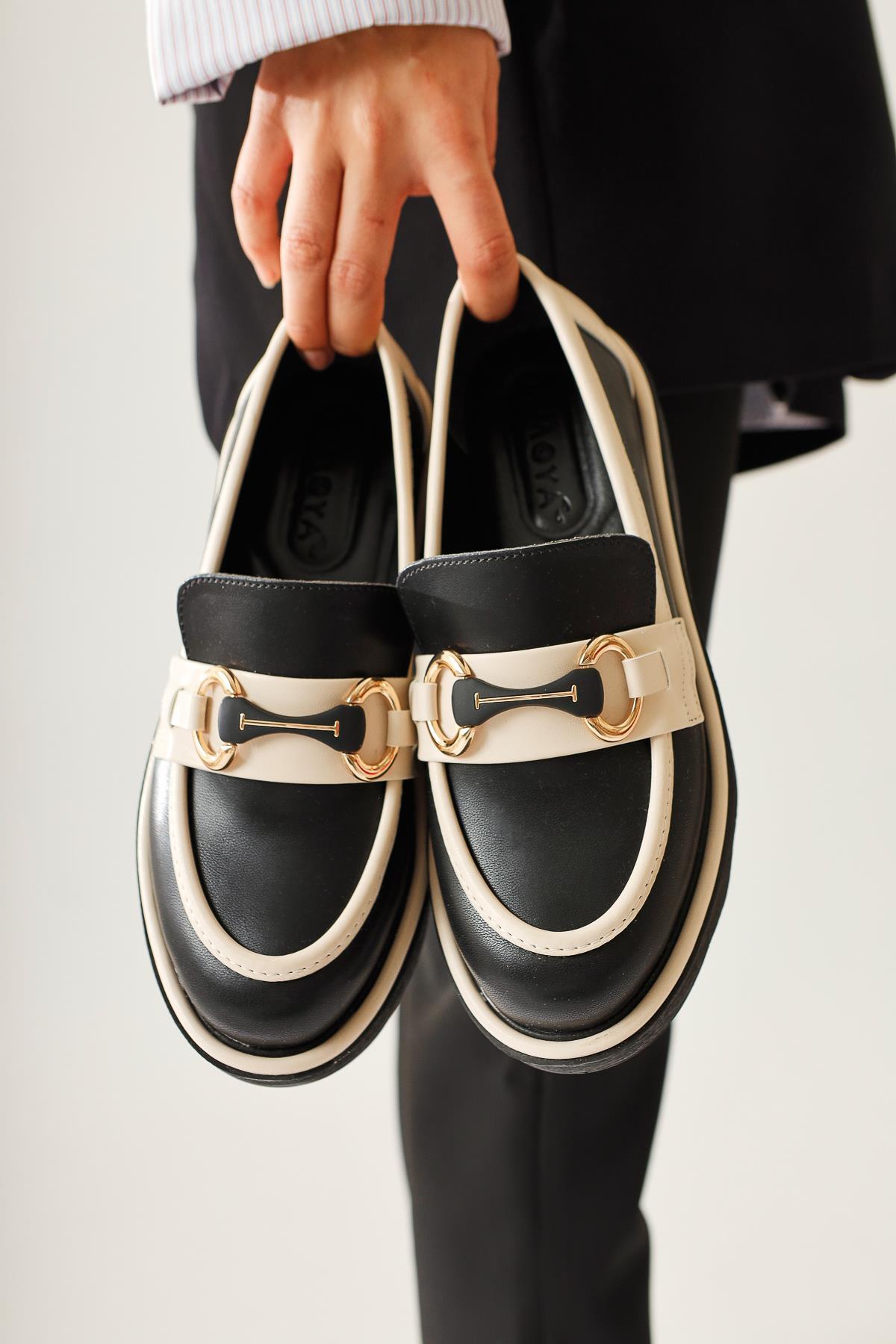 Larah Black-Beige Buckle Detailed Loafers