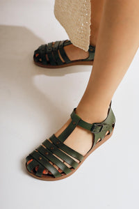 Genuine Leather Tori Khaki Four-Strap Adjustable Flat Sandals