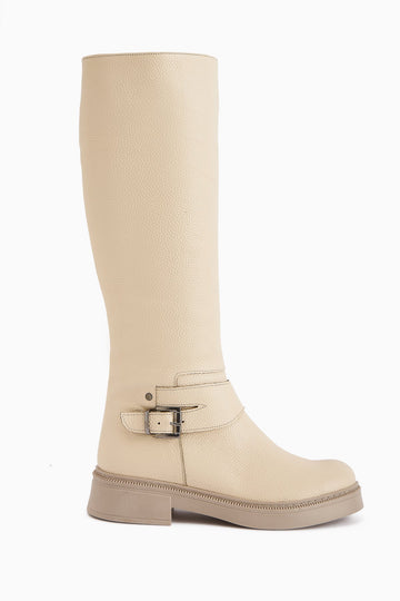 Penda Genuine Leather Beige Buckle Detail Women's Zipper Boot