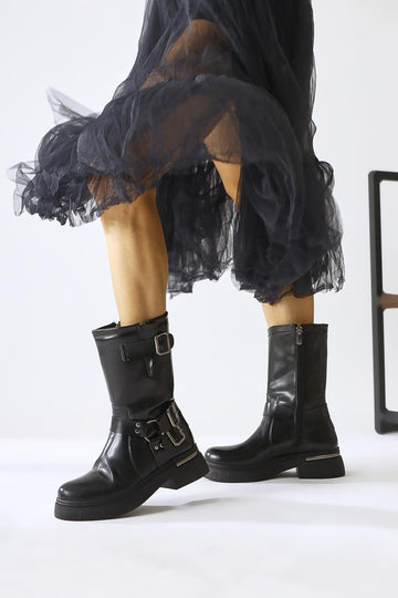 Joann – Black Buckle-Detail Biker Boot (Women)