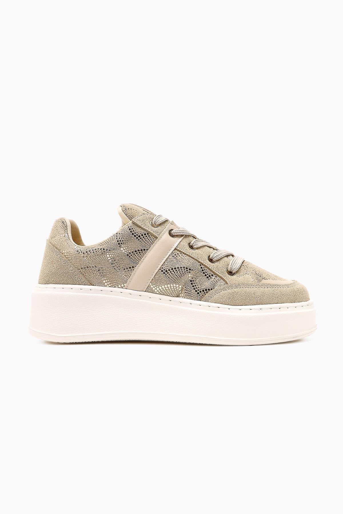 Julissa Beige Suede Shiny Patterned Thick Sole Women's Sneakers