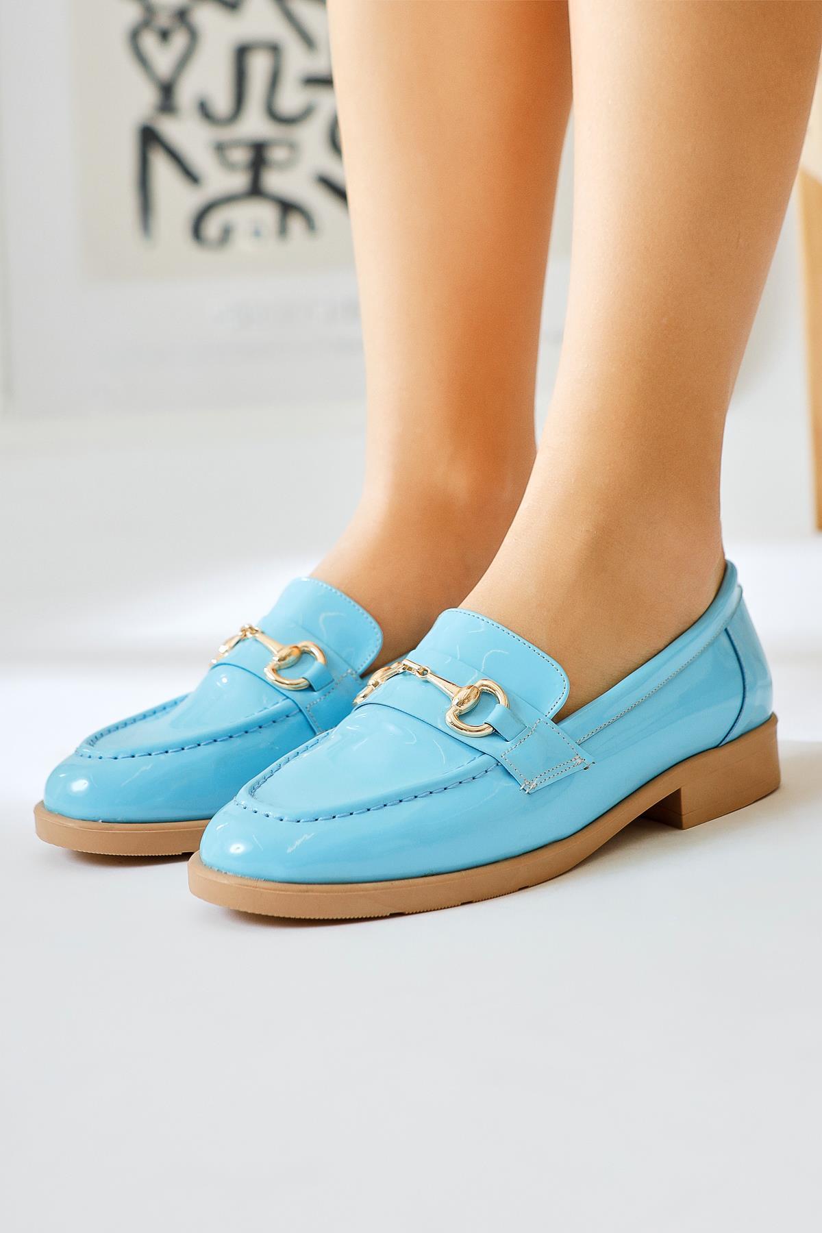 Lise Lott Blue Patent Leather Buckle Detailed Casual Shoes
