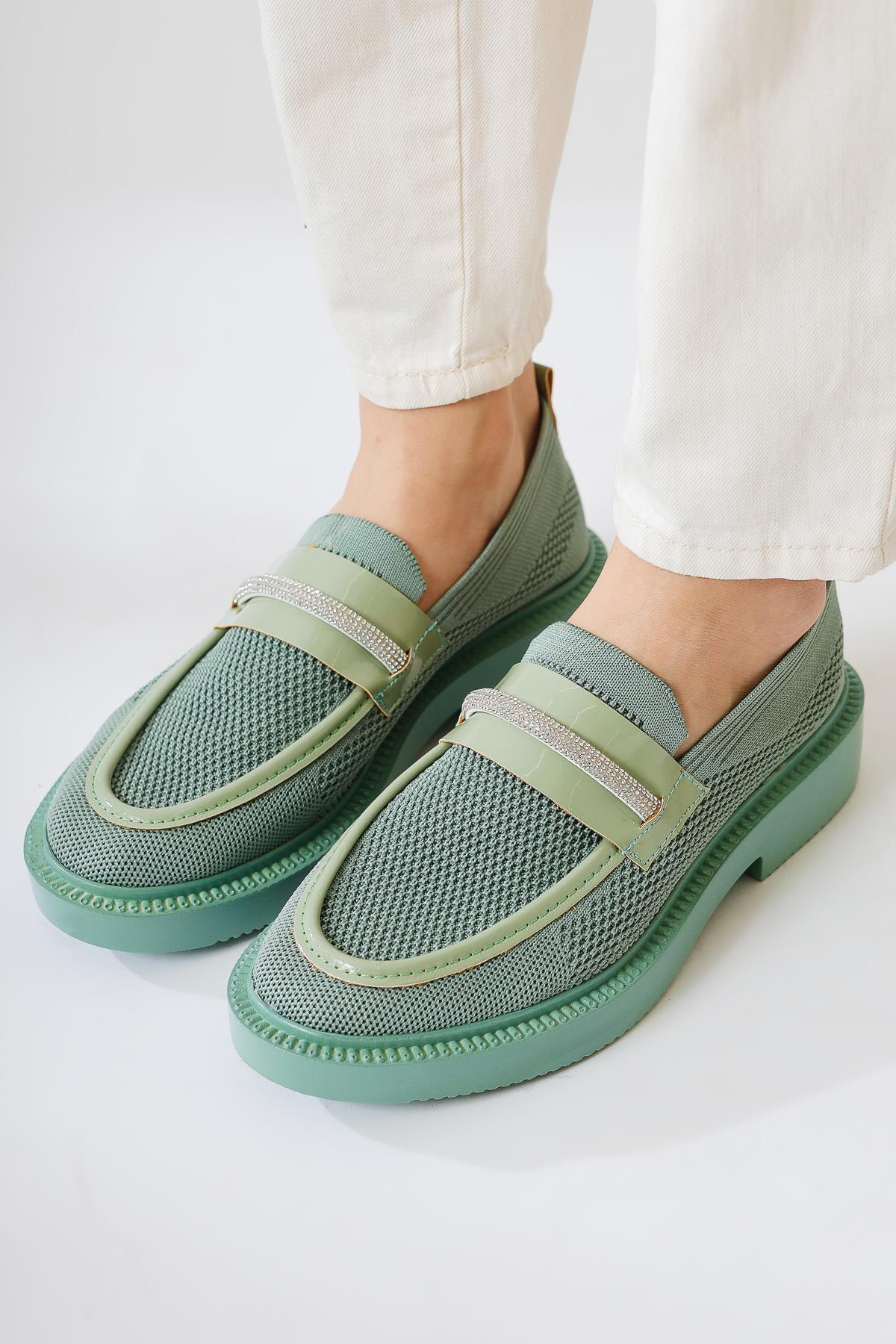 Micka Green Knit Patent Leather Detailed Stone Banded Casual Shoes