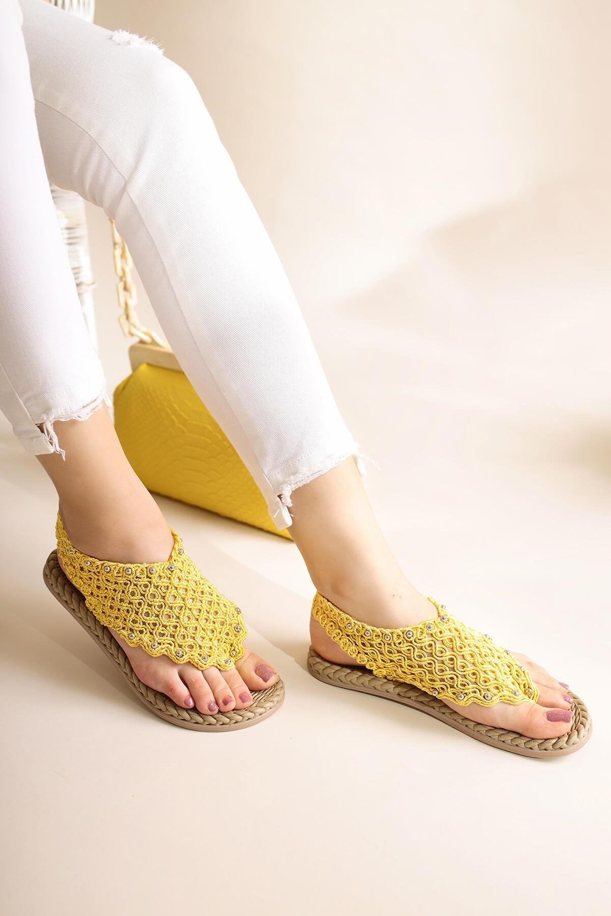 Blythe Yellow Knit Stone Detailed Eva Soled Sandals