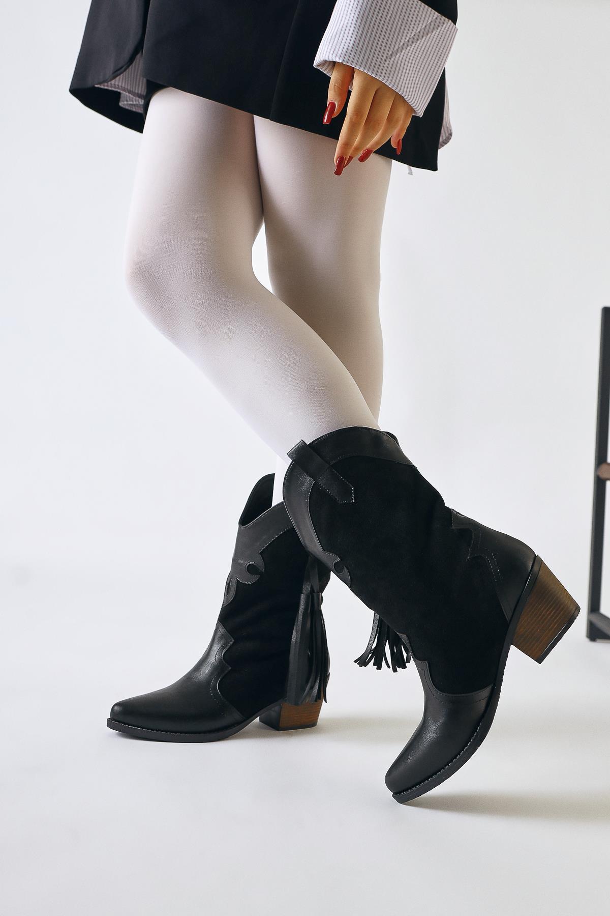 Pandorak – Black Suede-Detail Tassel Pointed-Toe Western Boot (Women)
